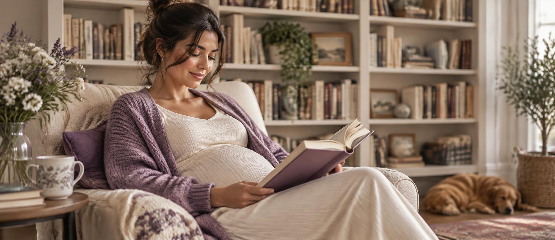 Pregnant woman reading in a cozy home library with shelves of books